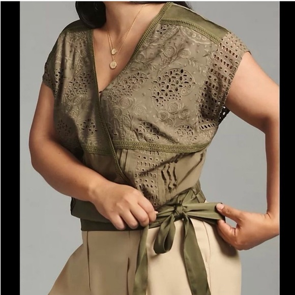 Anthropologie khaki/green lace and silk top - Picture 3 of 12